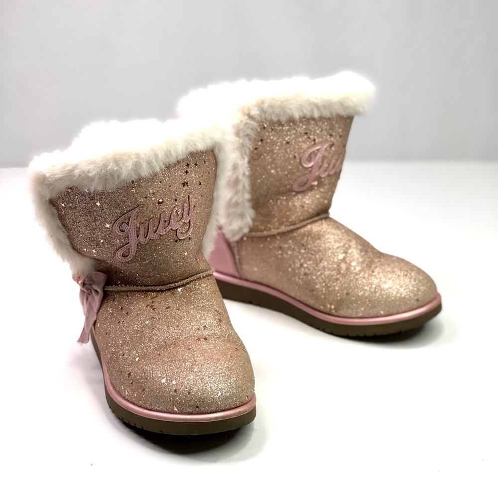 Juicy Couture Windsor faux fur lined boots gold pink glitter sparkle size 4